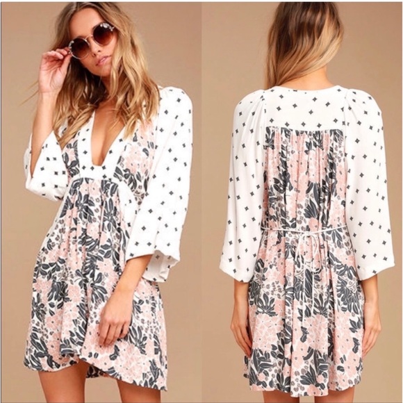 Free People Dresses & Skirts - FREE PEOPLE Tallula White Print Kimono Sleeve Mini Dress Medium Neutral